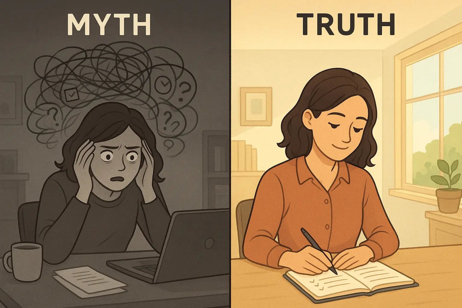 Woman transforming from stressed with chaotic thoughts to calm while writing in a notebook