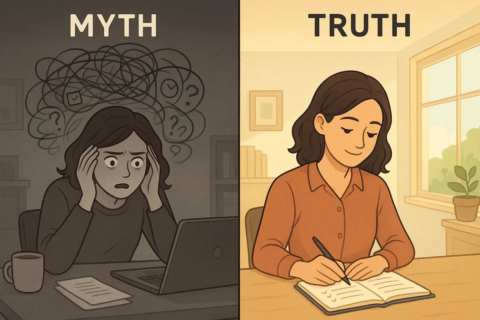 Woman transforming from stressed with chaotic thoughts to calm while writing in a notebook