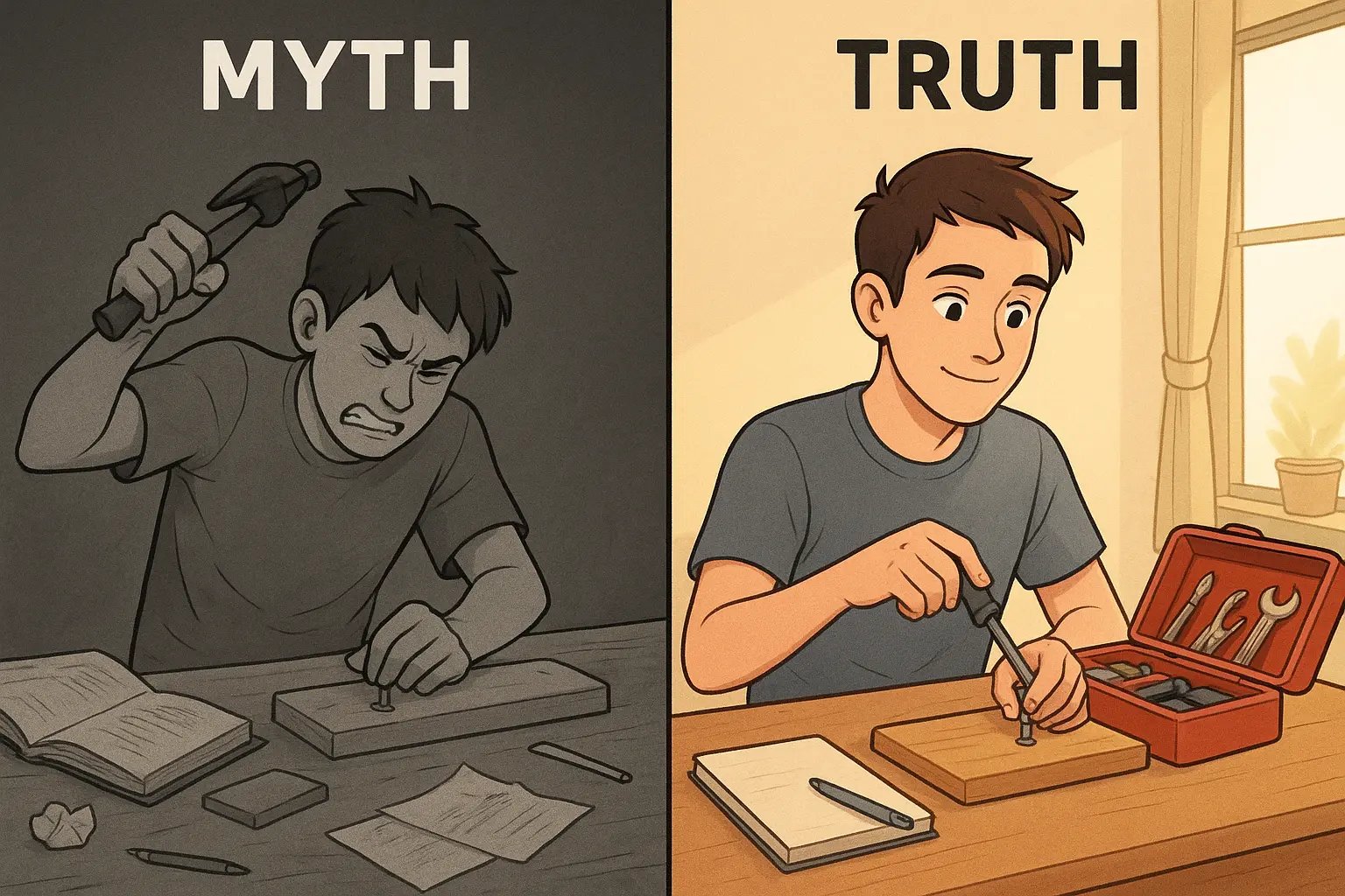 Student comparing wrong tool to right tool: hammering a screw versus using a screwdriver from an organised toolbox.