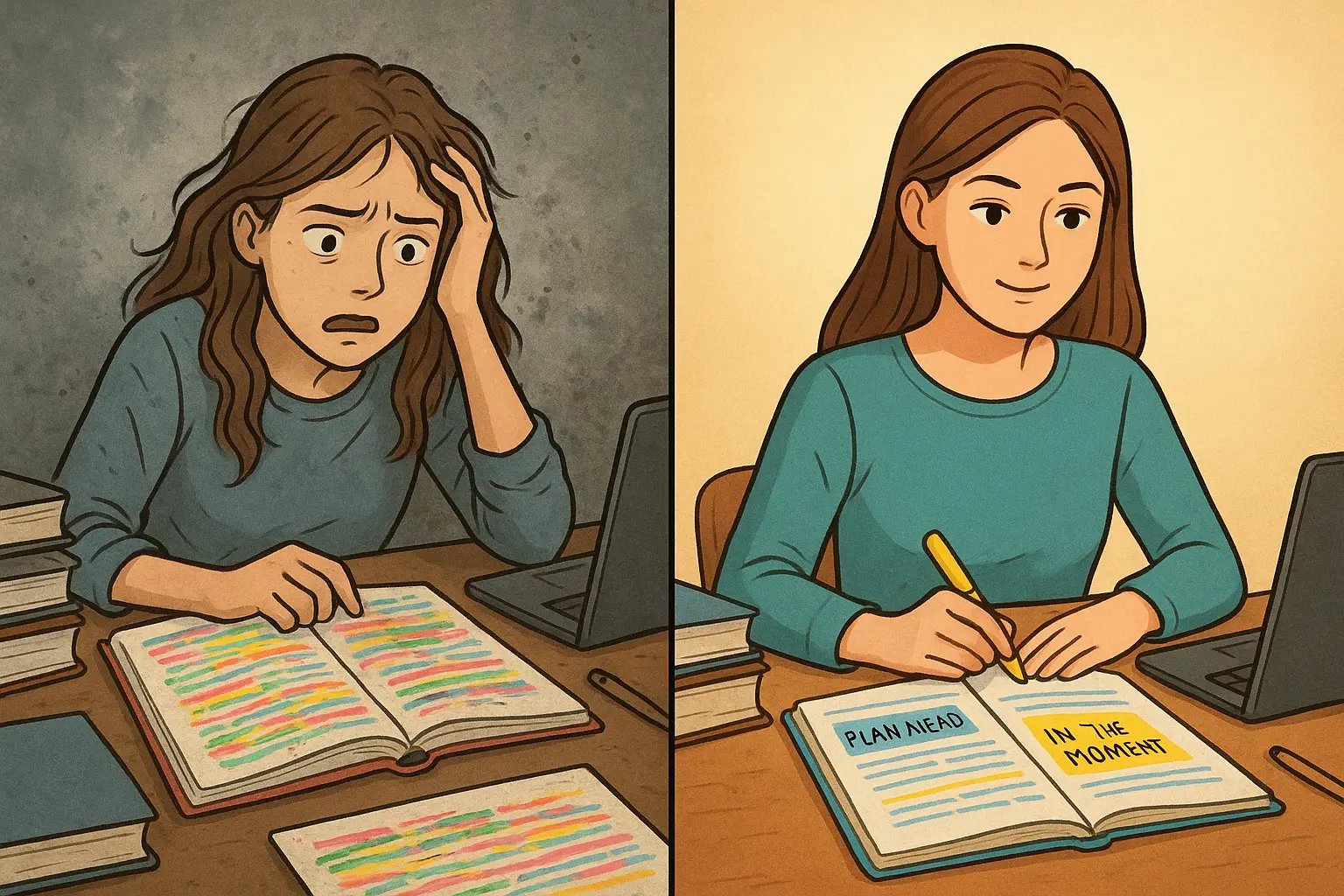 Student comparing messy multi-coloured notes with organised two-colour system showing blue for planning and yellow for action steps