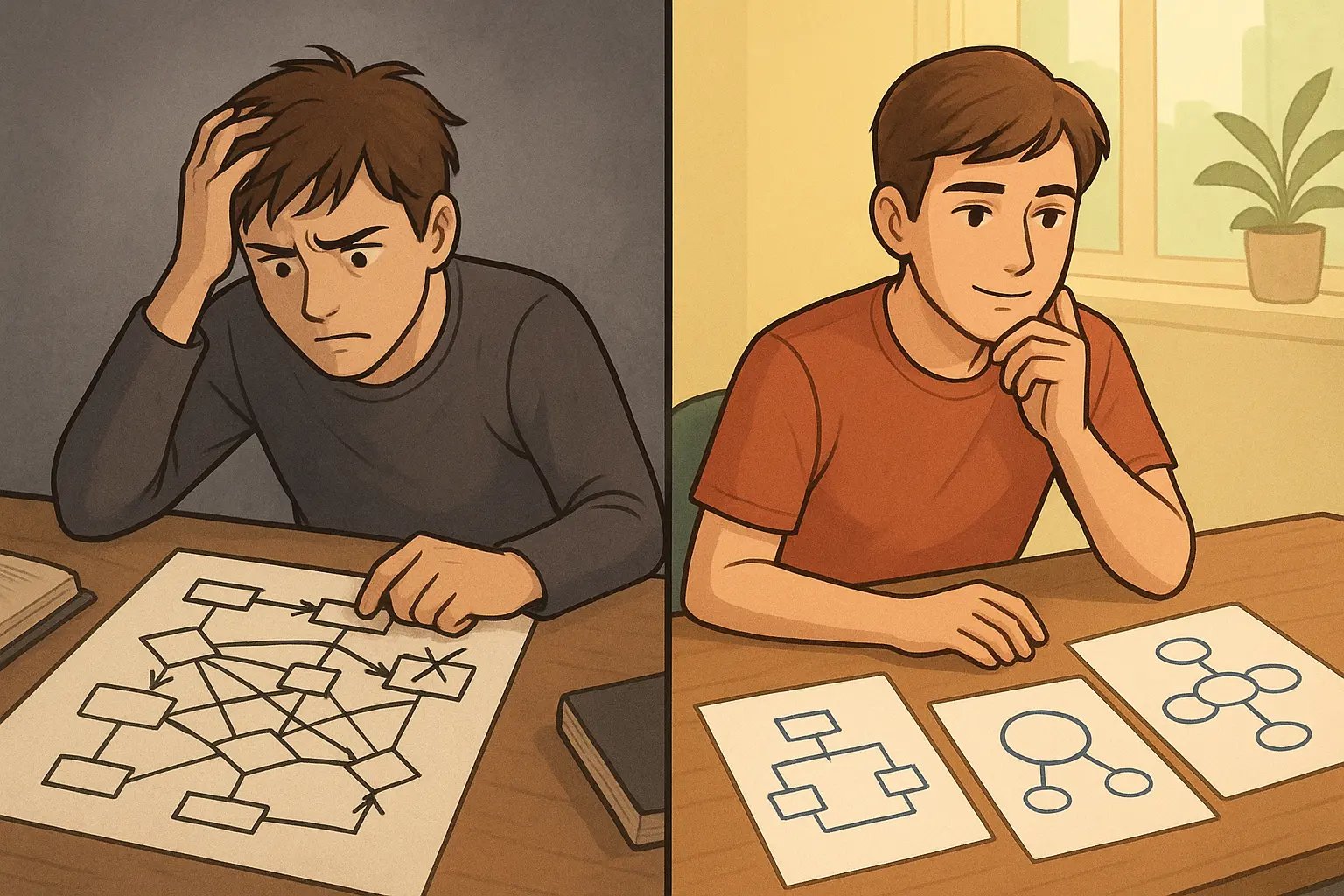 Student comparing messy single diagram with three organised diagrams: flow chart, cycle, and concept map