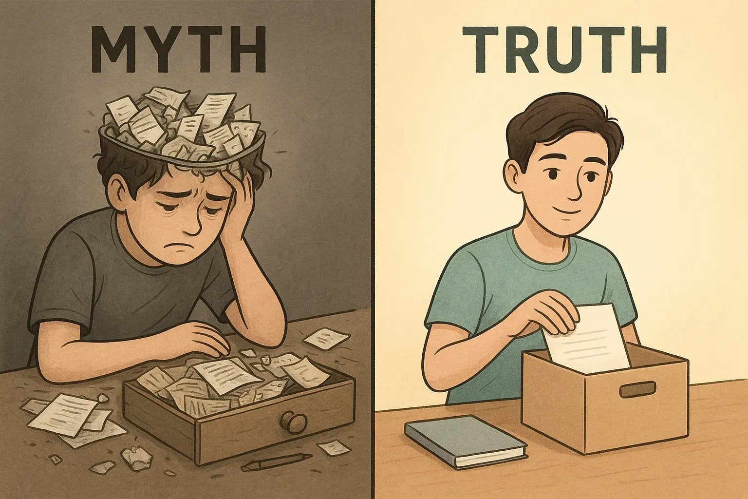 A calm person organising papers into a neat file box, symbolising mental clarity and organised information management