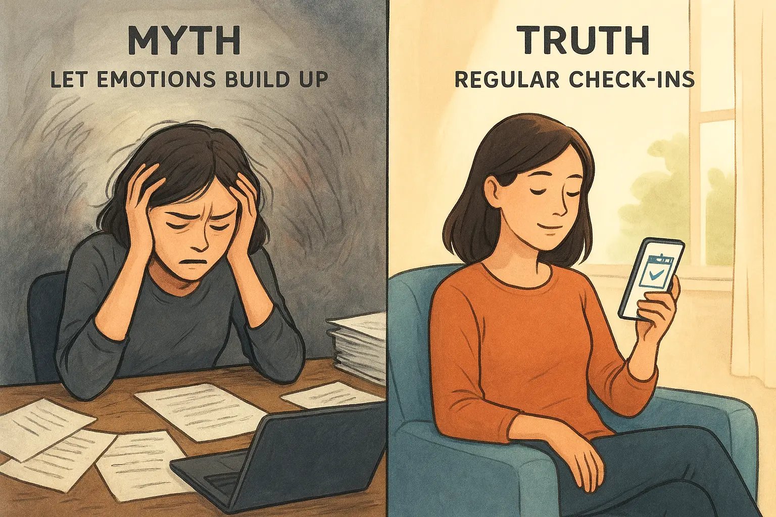 Woman transitioning from stressed desk chaos to calm mindful phone check-in, illustrating proactive emotional management.