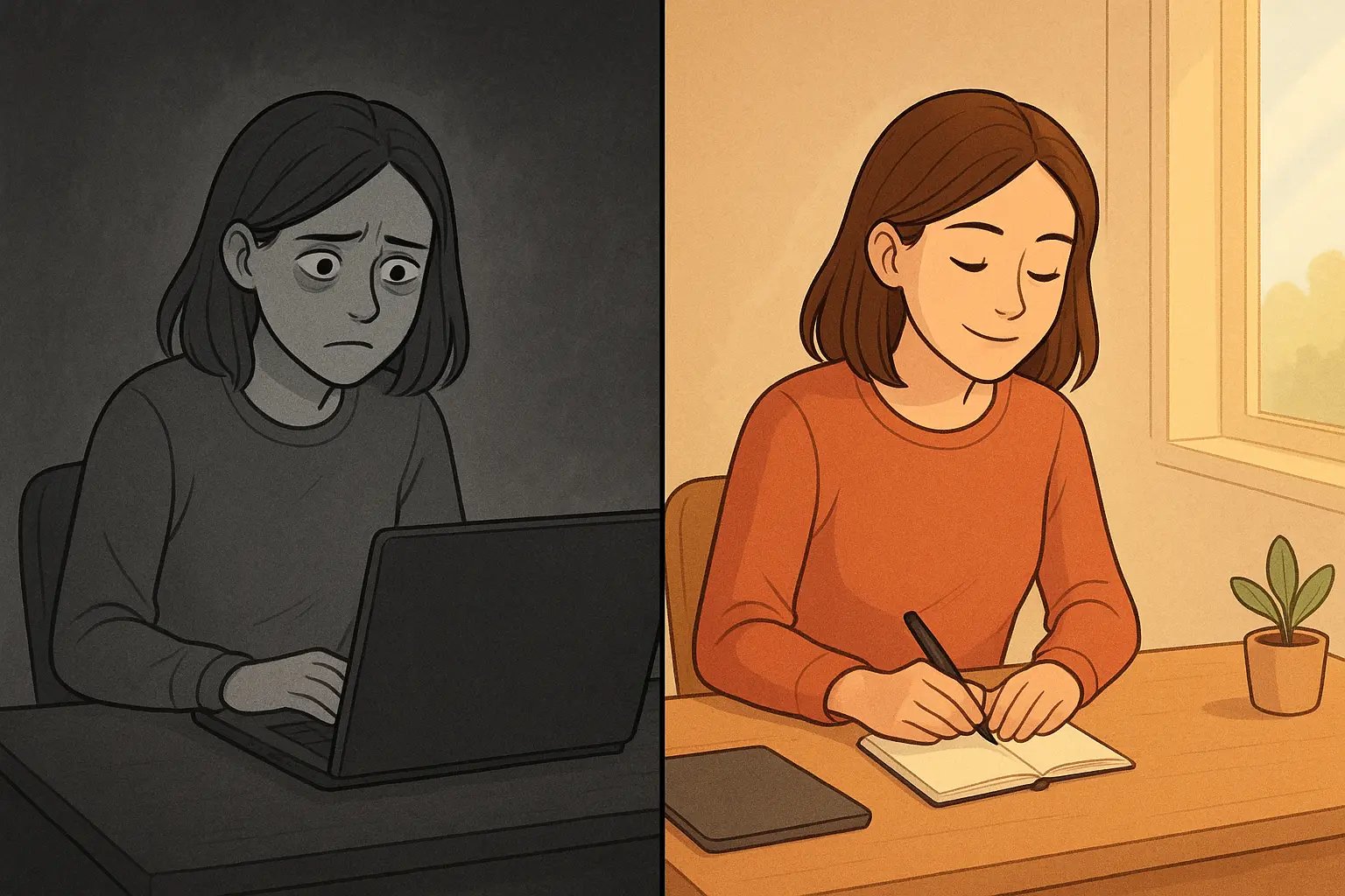 Side-by-side illustration showing a woman frozen with anxiety on the left, and calmly taking a small action on the right, representing how action creates confidence.