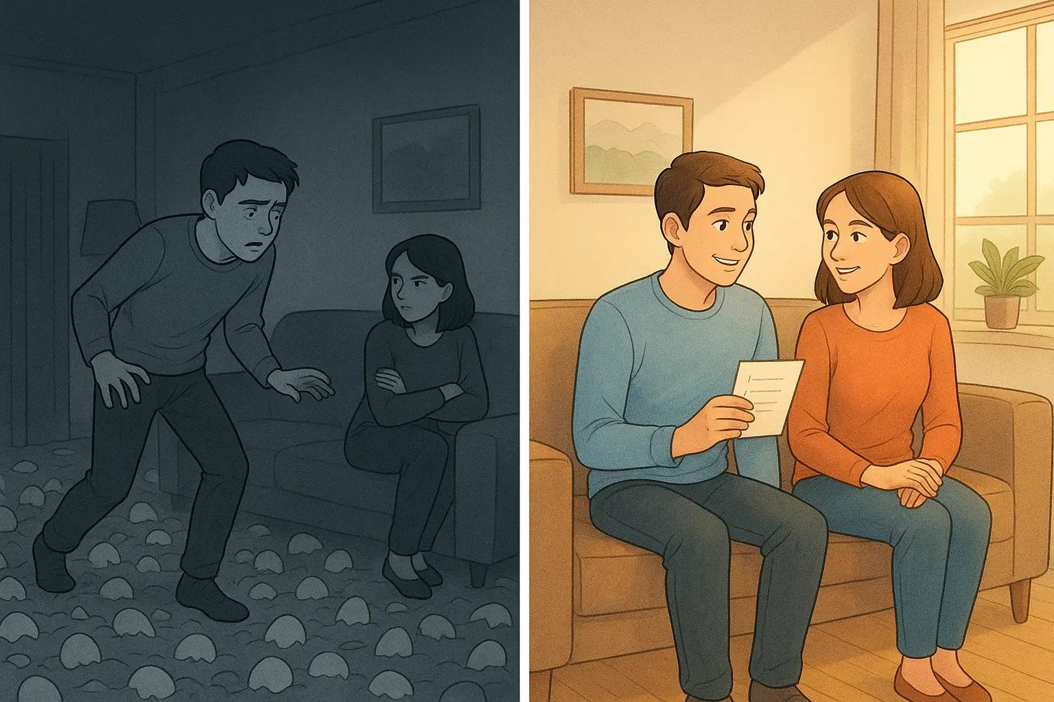 A couple sitting together calmly, reviewing a shared boundary list in a bright, peaceful living room, contrasting with the stress of walking on eggshells.