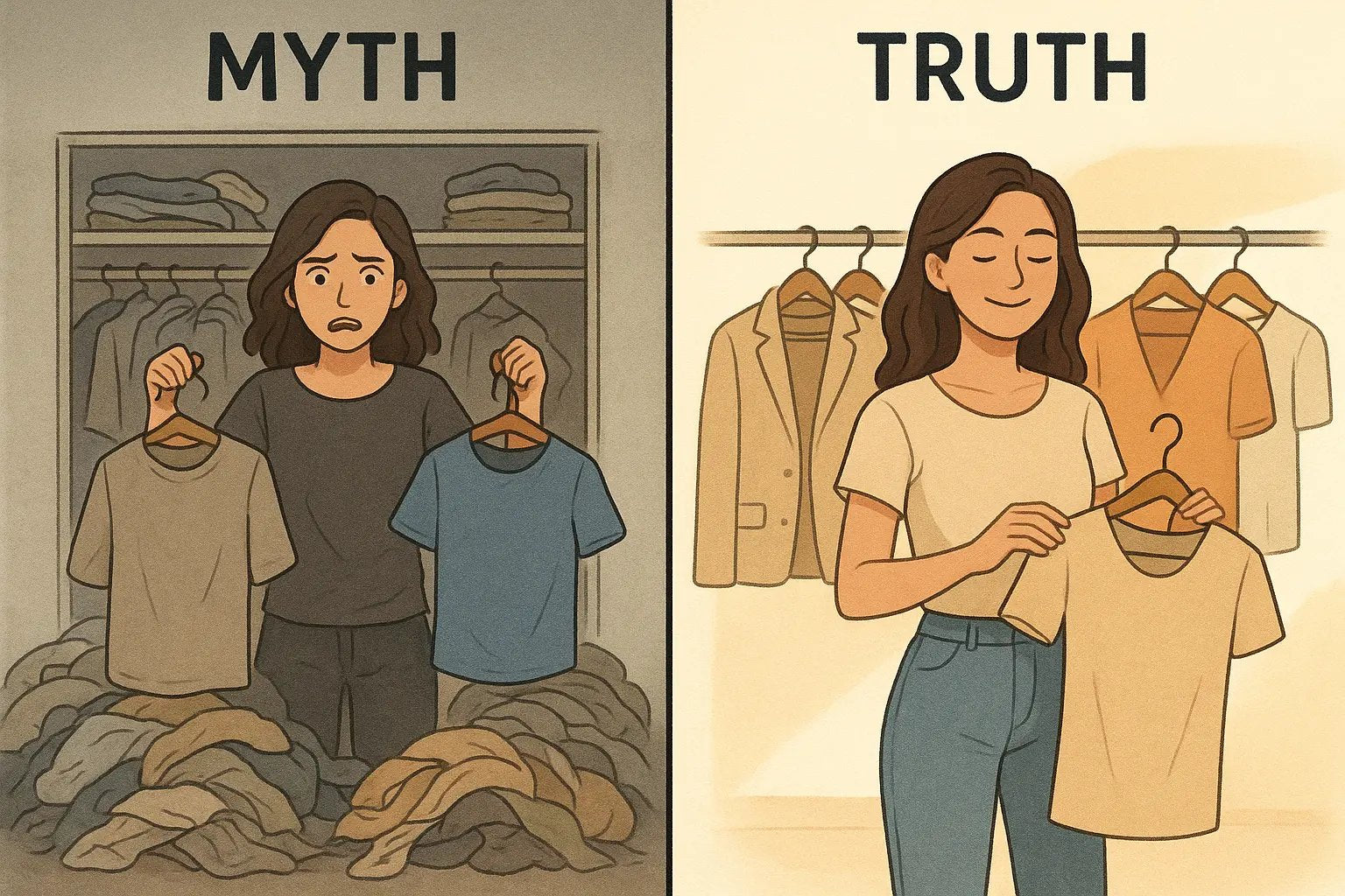 Comparison showing a stressed woman before a chaotic wardrobe versus a calm woman selecting from an organised minimalist wardrobe in bright morning light