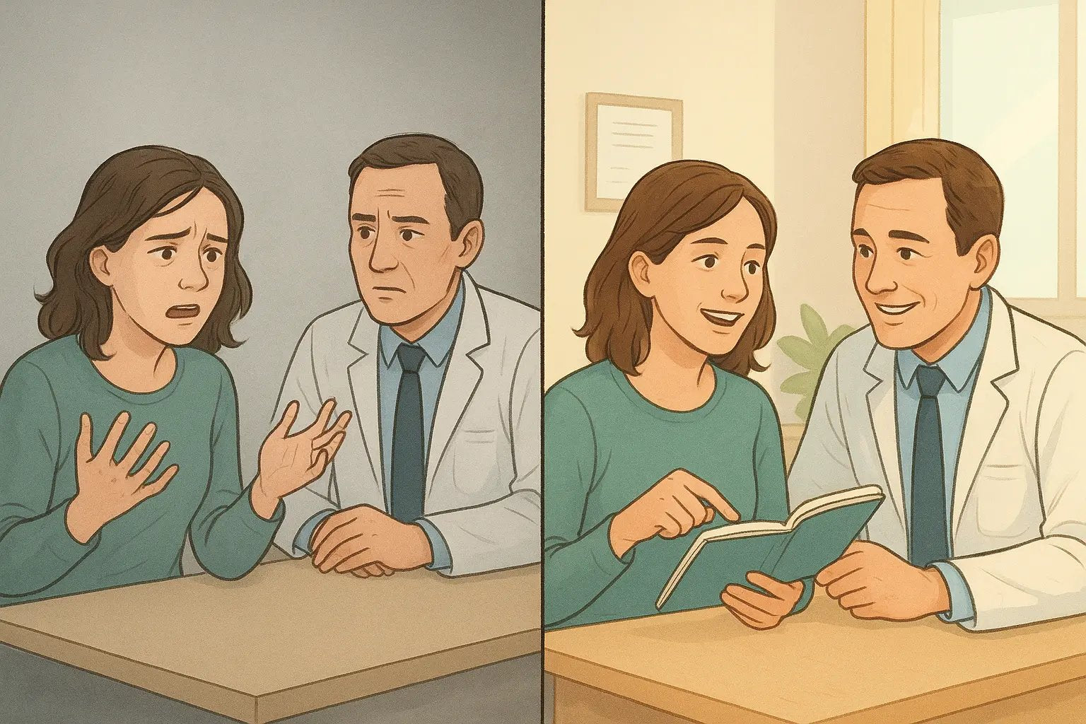 Parent calmly discussing child's needs with doctor using organised checklist for productive appointment