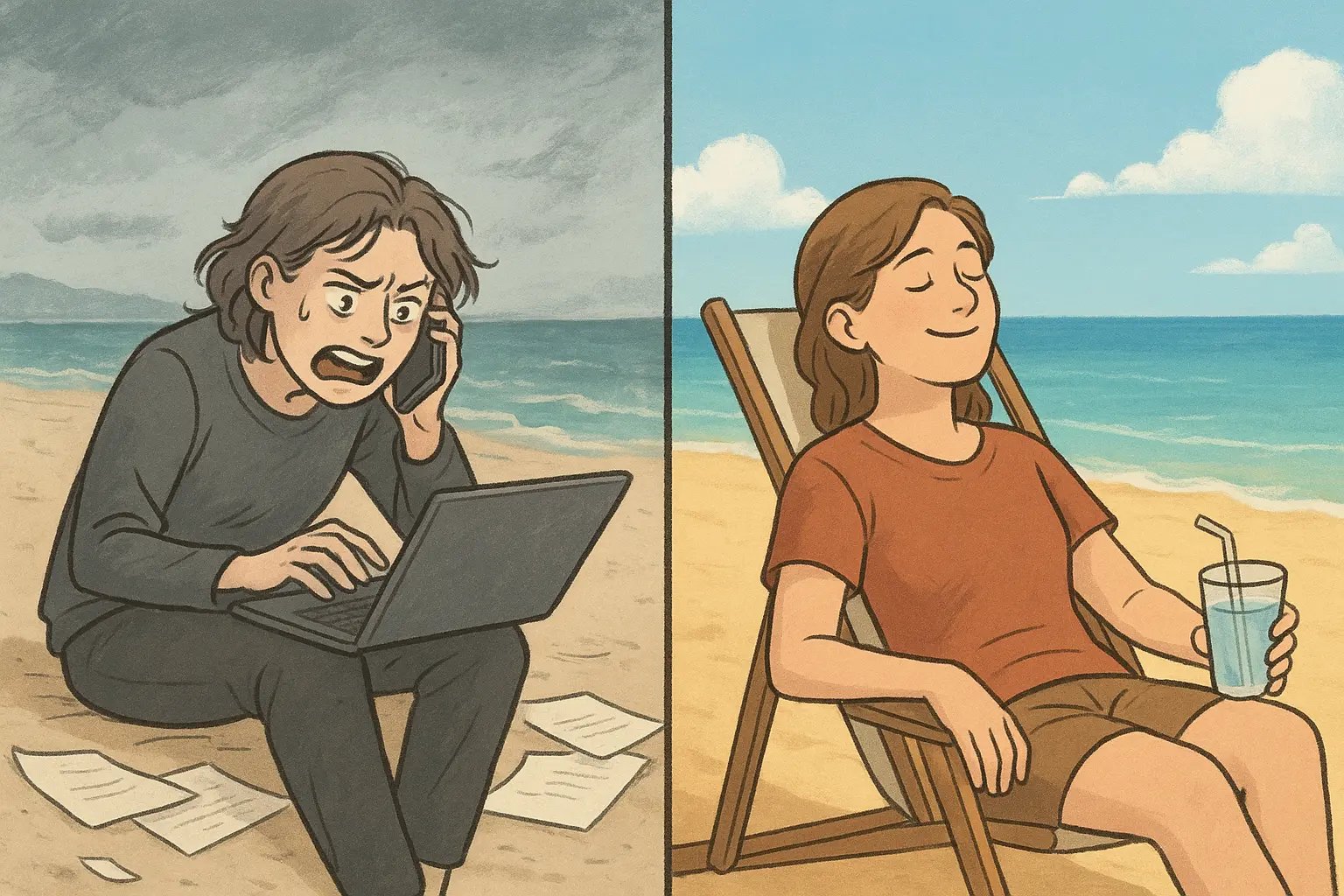 Split comparison showing stressed person with laptop on beach versus relaxed person enjoying peaceful beach rest