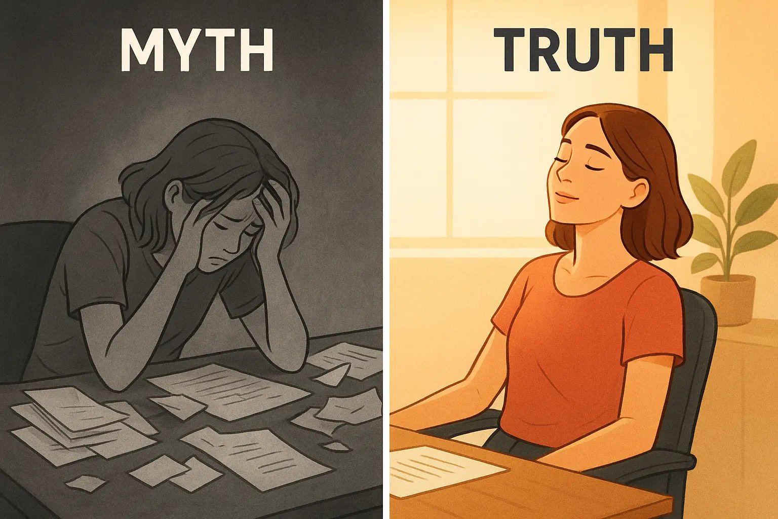 Side-by-side comparison showing a woman overwhelmed at her desk in monochrome versus peacefully breathing and resetting in vibrant colour.