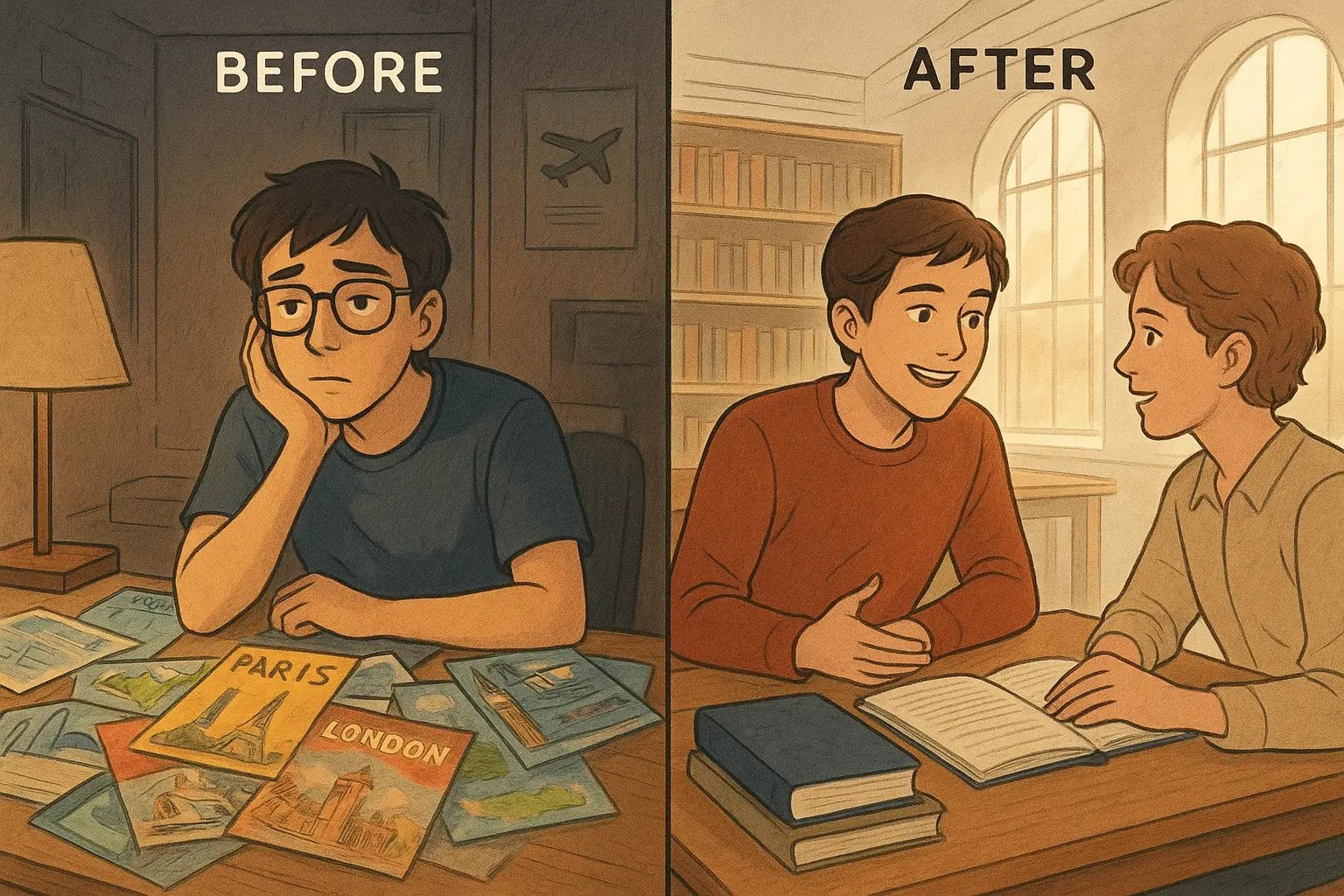 Split-panel illustration showing a student's transformation from daydreaming over tourist brochures to engaged academic learning in a bright university library abroad.