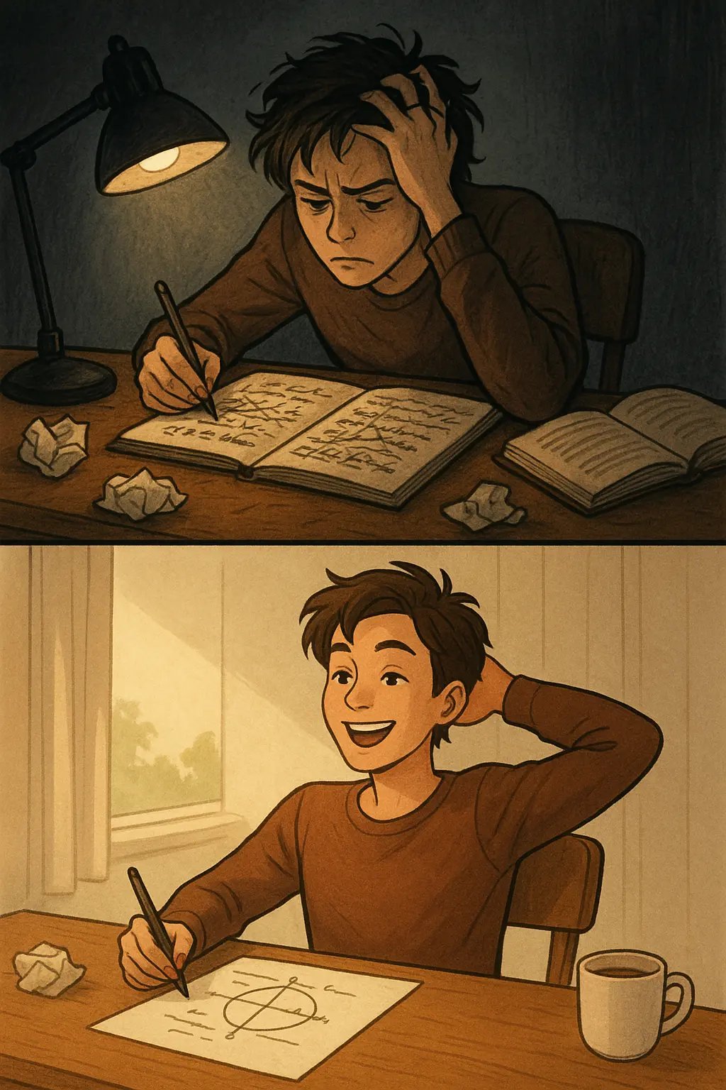 Student transformation from frustrated at messy desk at night to having breakthrough at tidy desk in morning