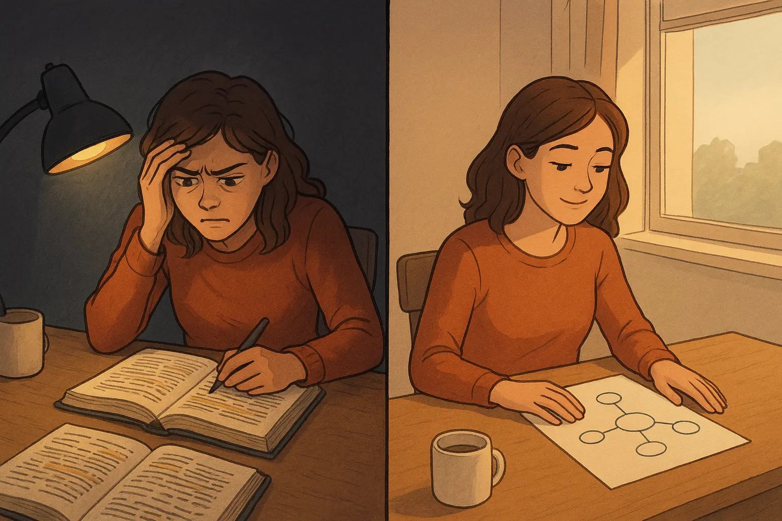 Student transforming chaotic linear notes into a clear mind map, showing calm and focused study transformation