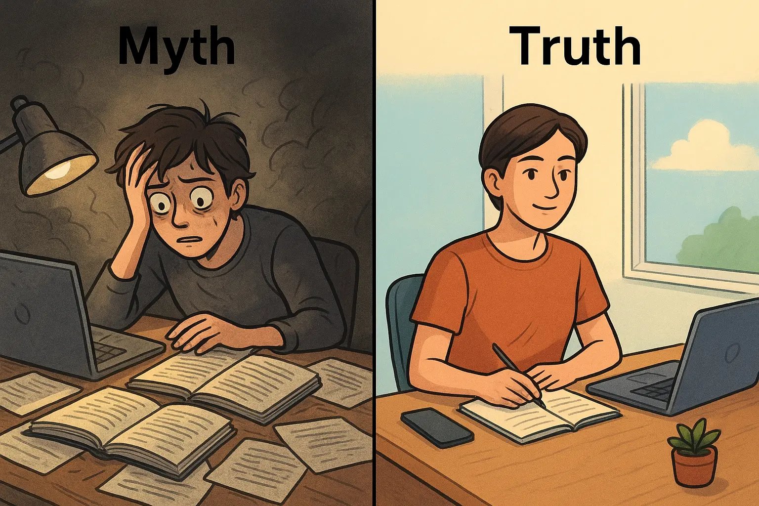 Side-by-side comparison of a chaotic, cluttered study desk versus a calm, organised, minimalist environment that promotes focus and learning