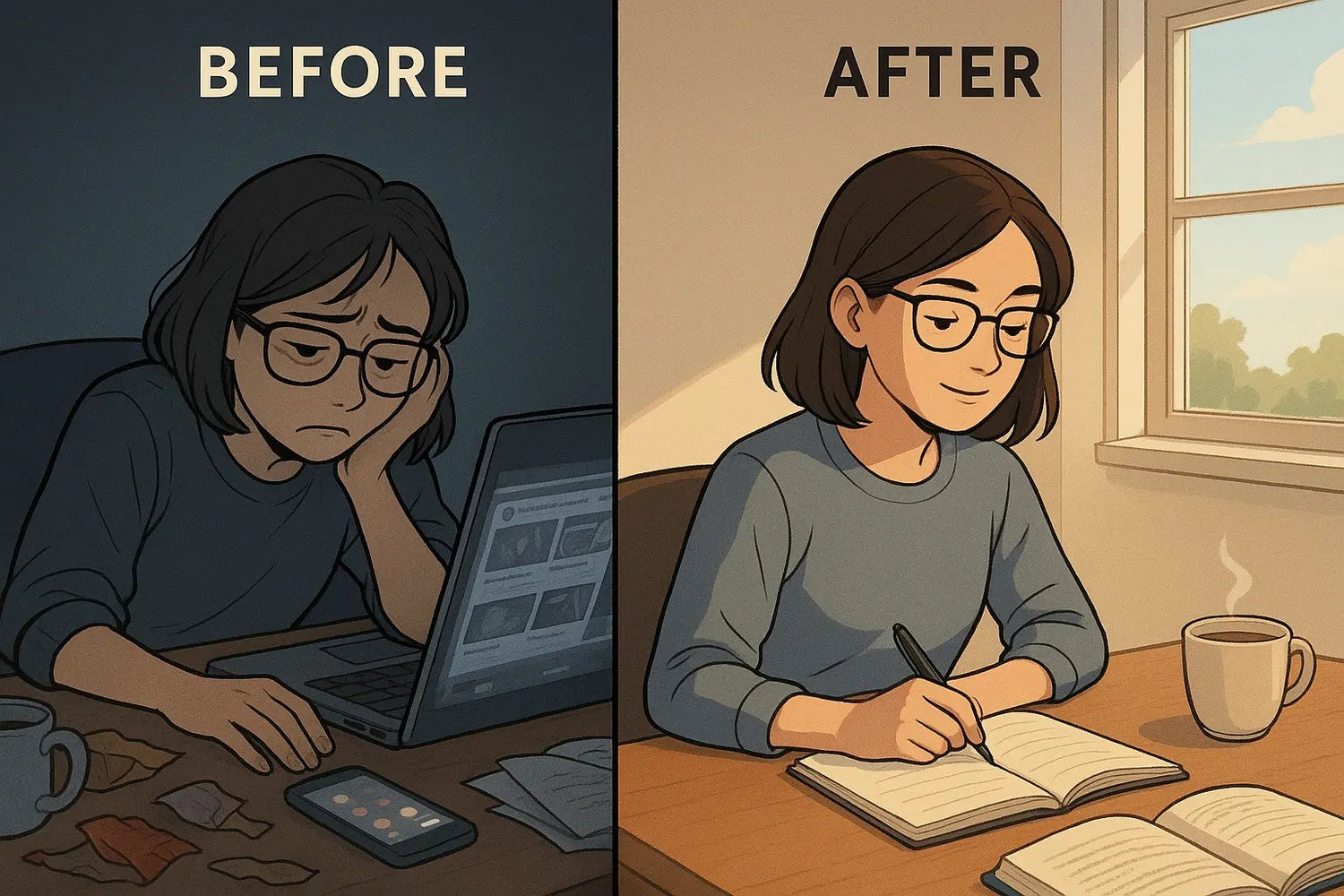 Split-panel illustration showing a student's desk transformation from cluttered and distracting to organised and focused, creating a calm study environment.