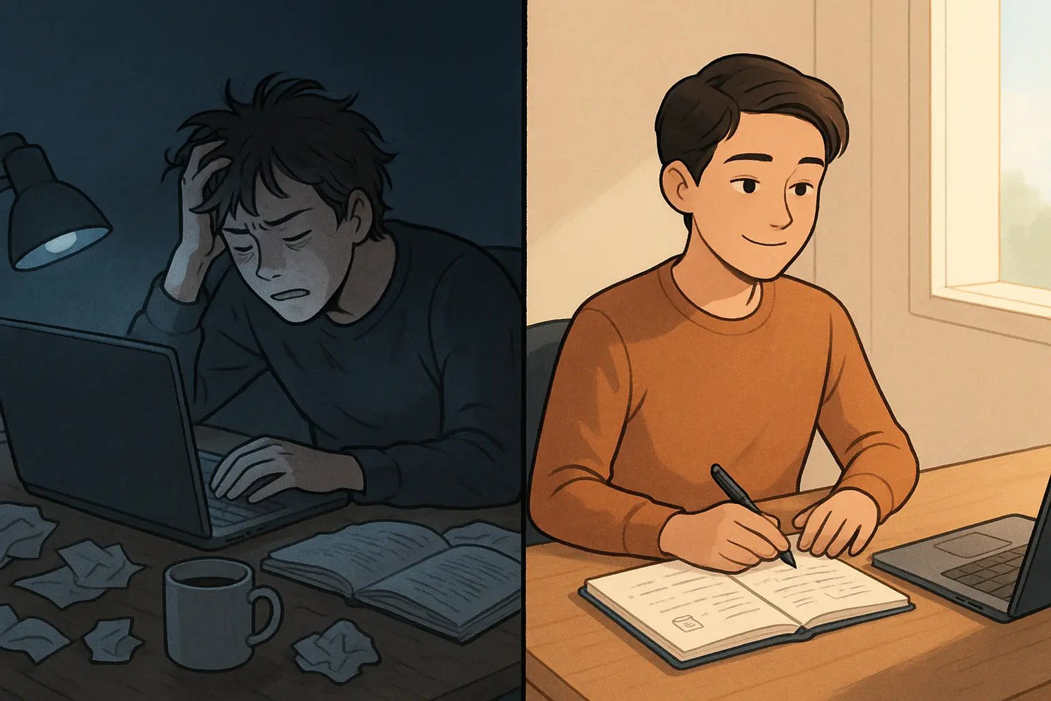 Split panel showing student transformation: stressed at messy desk at night, then calm and focused at tidy desk in morning light