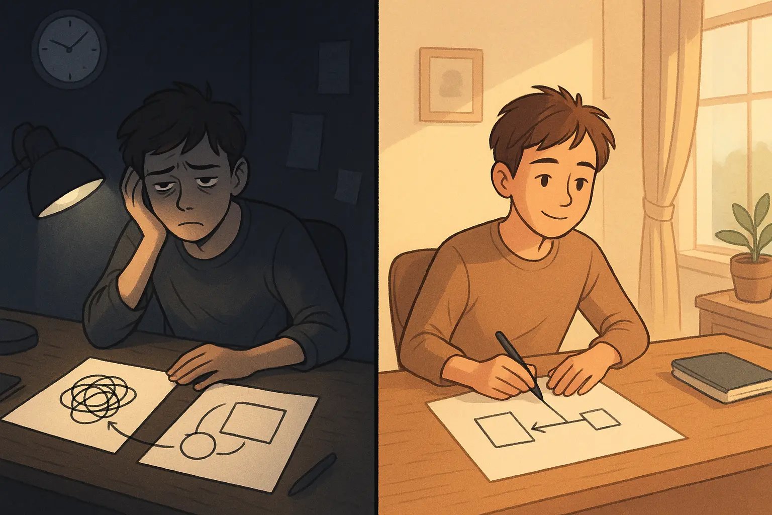 Student transforming from confused to confident after connecting two separate study concepts with a bridging arrow on their notes