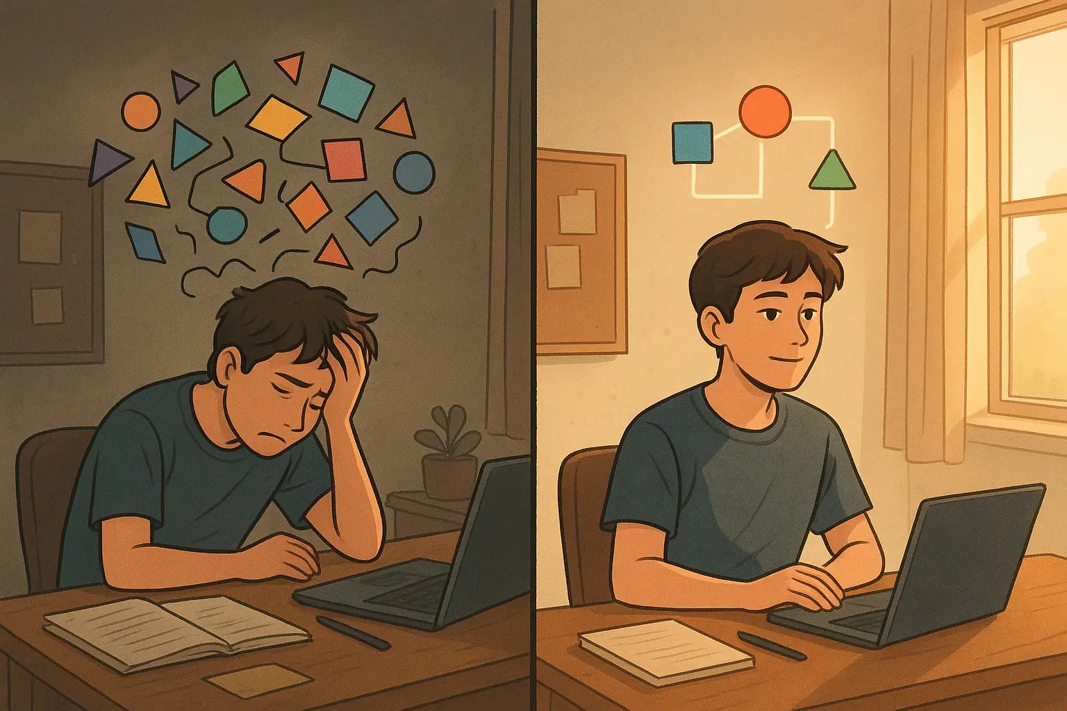 Student at desk showing transformation from confused by scattered ideas to confident with logically connected thoughts in bright workspace