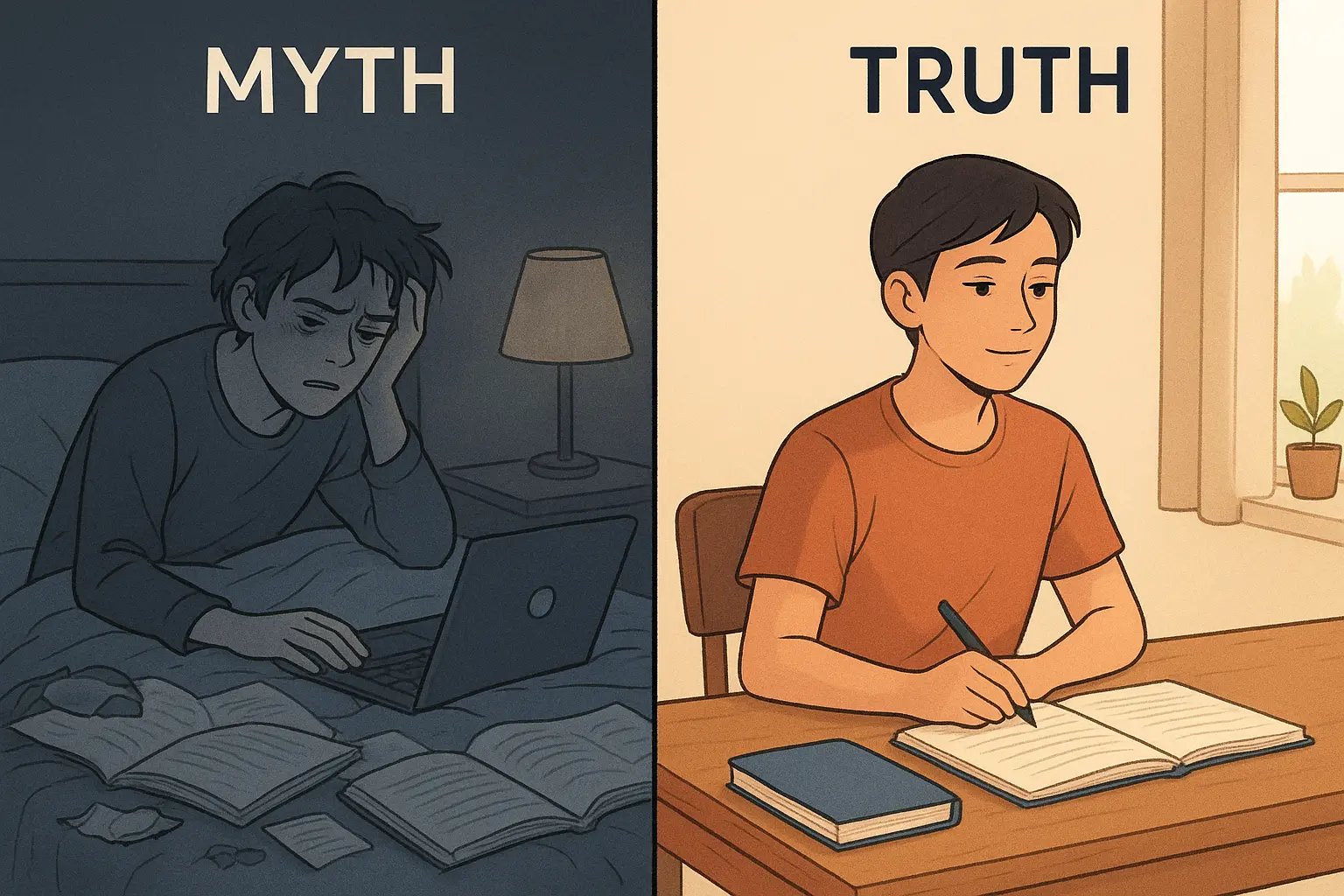 Split comparison showing chaotic bed study setup versus organised desk with focused student in bright, calm workspace