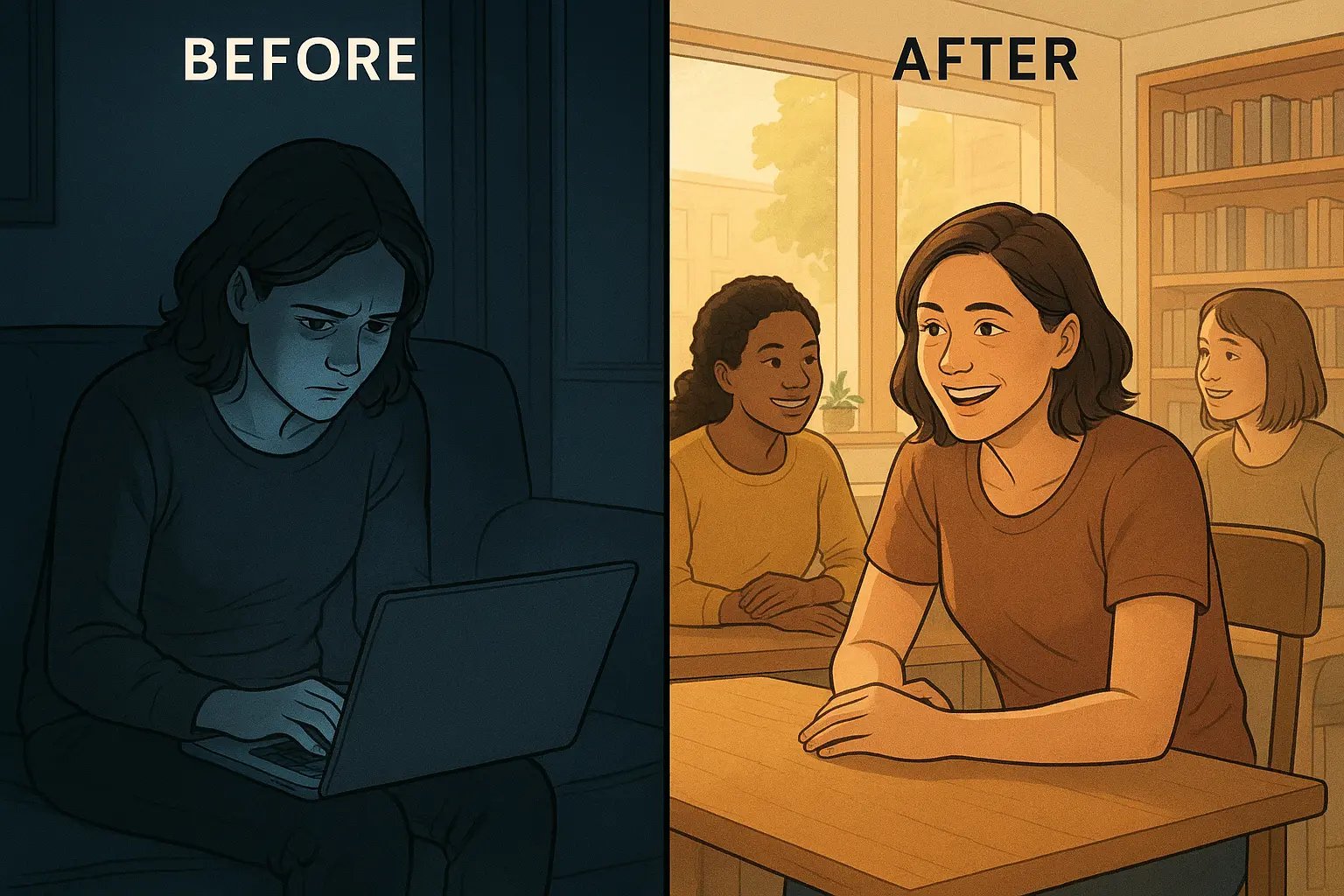 Woman's transformation from isolated at laptop to happy in supportive group, showing the power of community for attention challenges