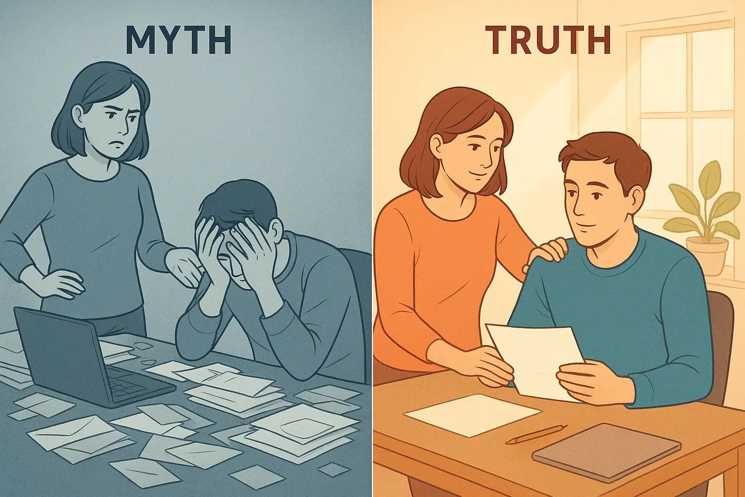 Diptych showing frustrated partner nagging overwhelmed one versus couple working calmly together as supportive team