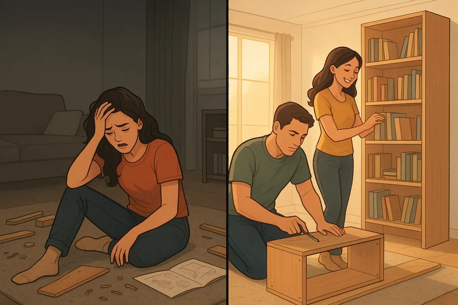 Split panel showing woman stressed with furniture assembly, then happy organising books whilst partner assembles furniture, illustrating teamwork