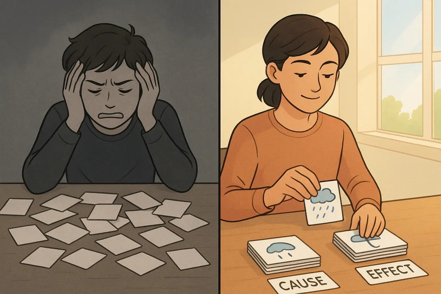 Student calmly organising cause and effect cards at a tidy desk, matching rain with umbrella in bright, encouraging light