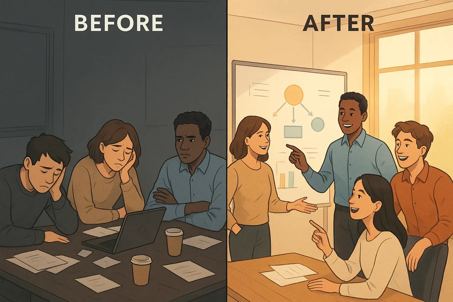 Split-panel illustration showing a team's transformation from a chaotic, stressed meeting to a collaborative, organised workspace with confident problem-solvers.