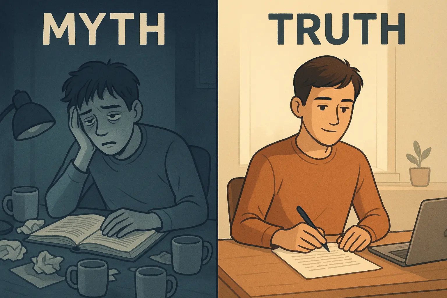 Split image showing exhausted student at night versus calm, focused student studying during day in organised space