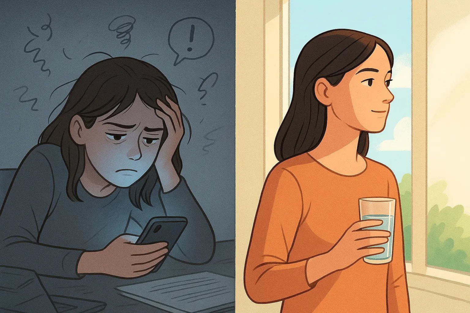 Woman taking intentional break by window with water, contrasted with stressed desk scrolling scene