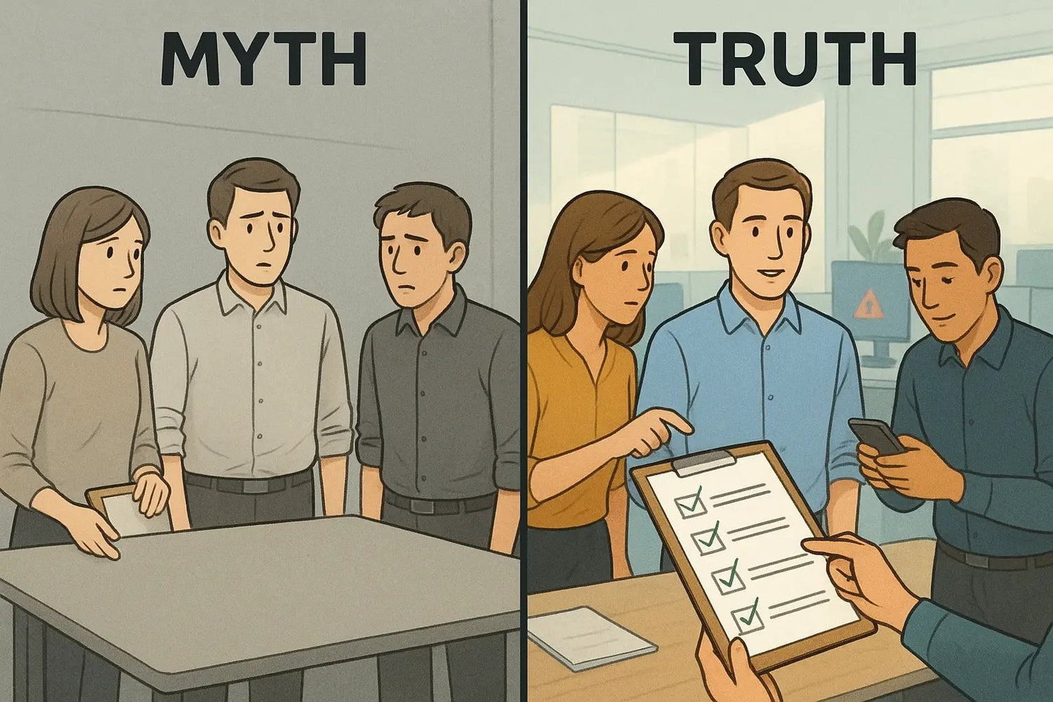 Split illustration showing a confused team in a quiet room versus the same team confidently using a checklist in a chaotic, realistic work environment