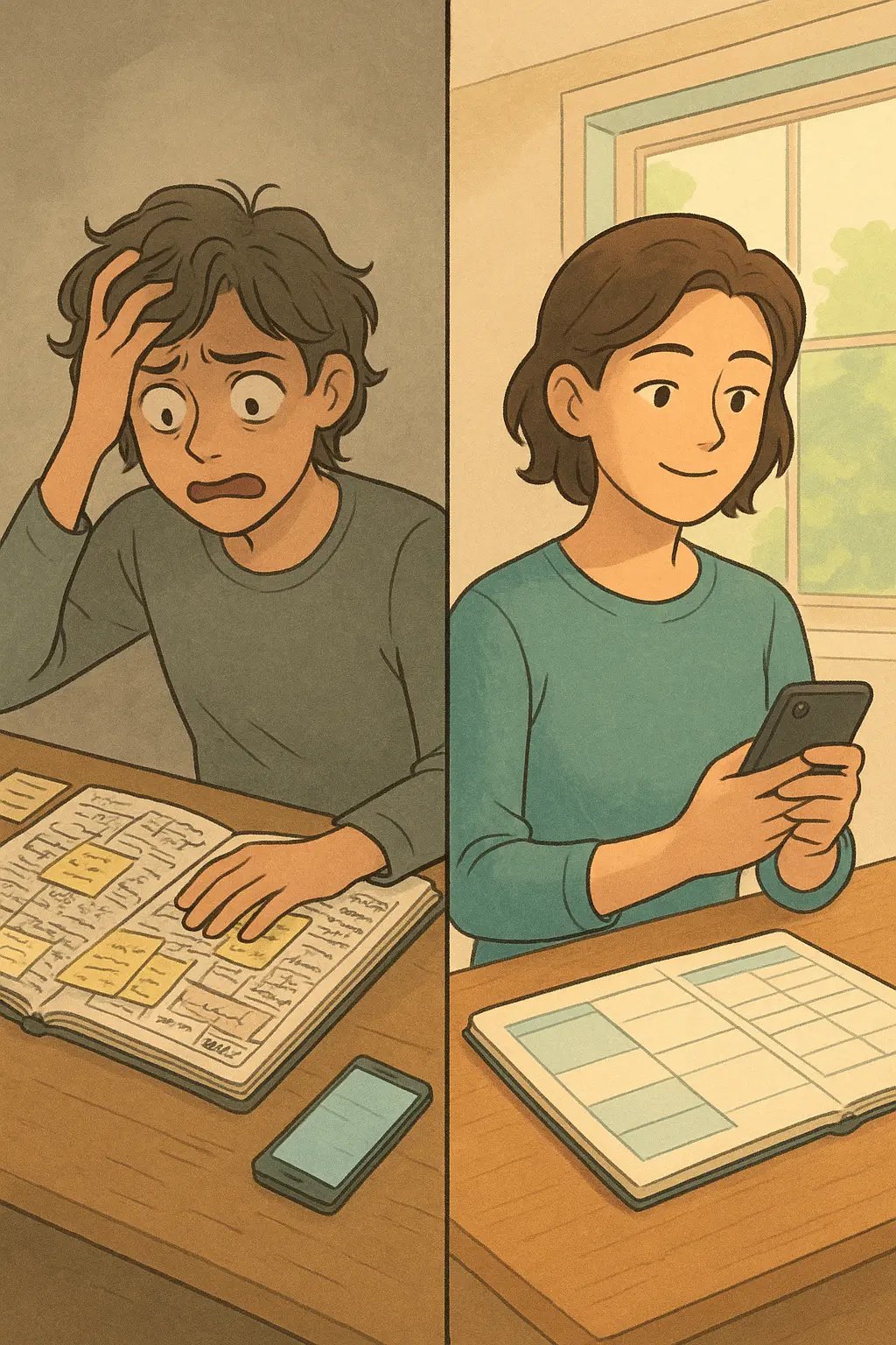 Side-by-side comparison showing a stressed person with a jam-packed planner versus a calm person with organised white space in their schedule.