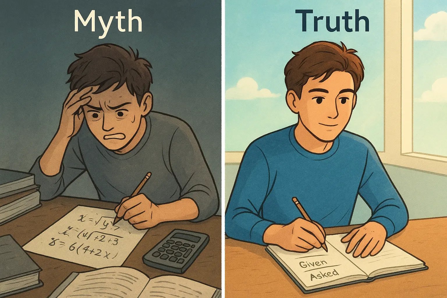 Split comparison showing a stressed student rushing calculations versus a calm student using a Given vs Asked box to organise their maths problem