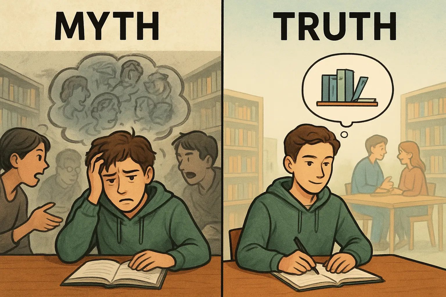 Student writing notes alone at library table before group discussion, with clear organised thoughts above their head