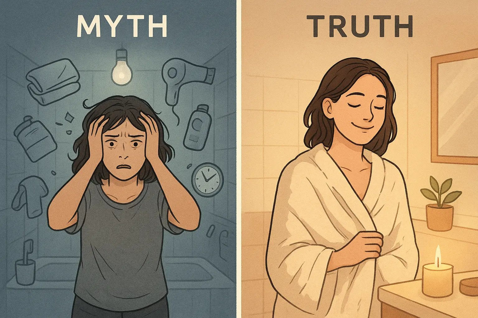 Diptych showing a woman overwhelmed by hygiene tasks on the left, and calm in a sensory-friendly bathroom on the right.