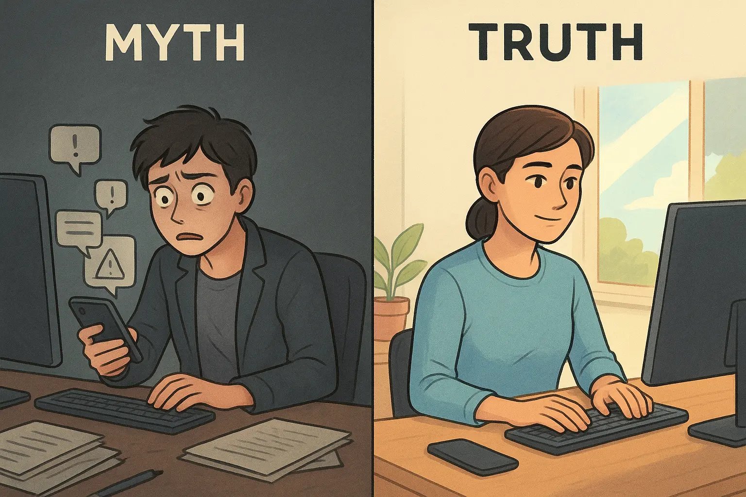 Side-by-side comparison showing a stressed person with multiple distractions versus a calm, focused person at an organised desk
