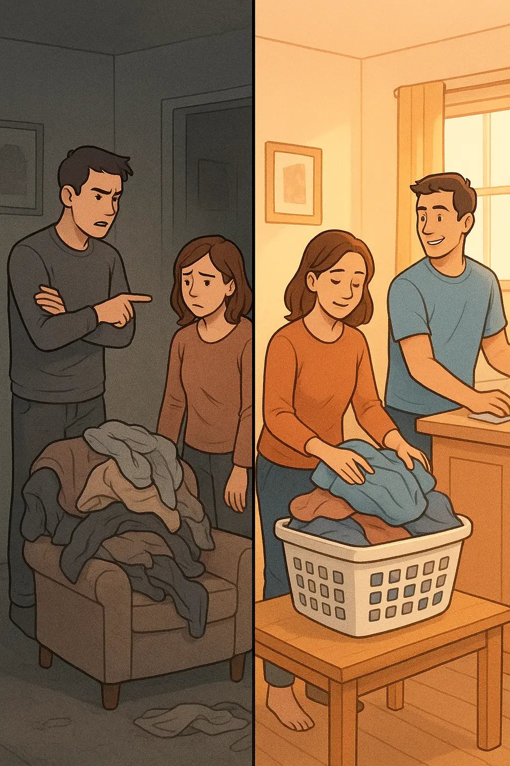 Two contrasting scenes: a couple arguing over messy room versus the same couple happily tidying together in organized space