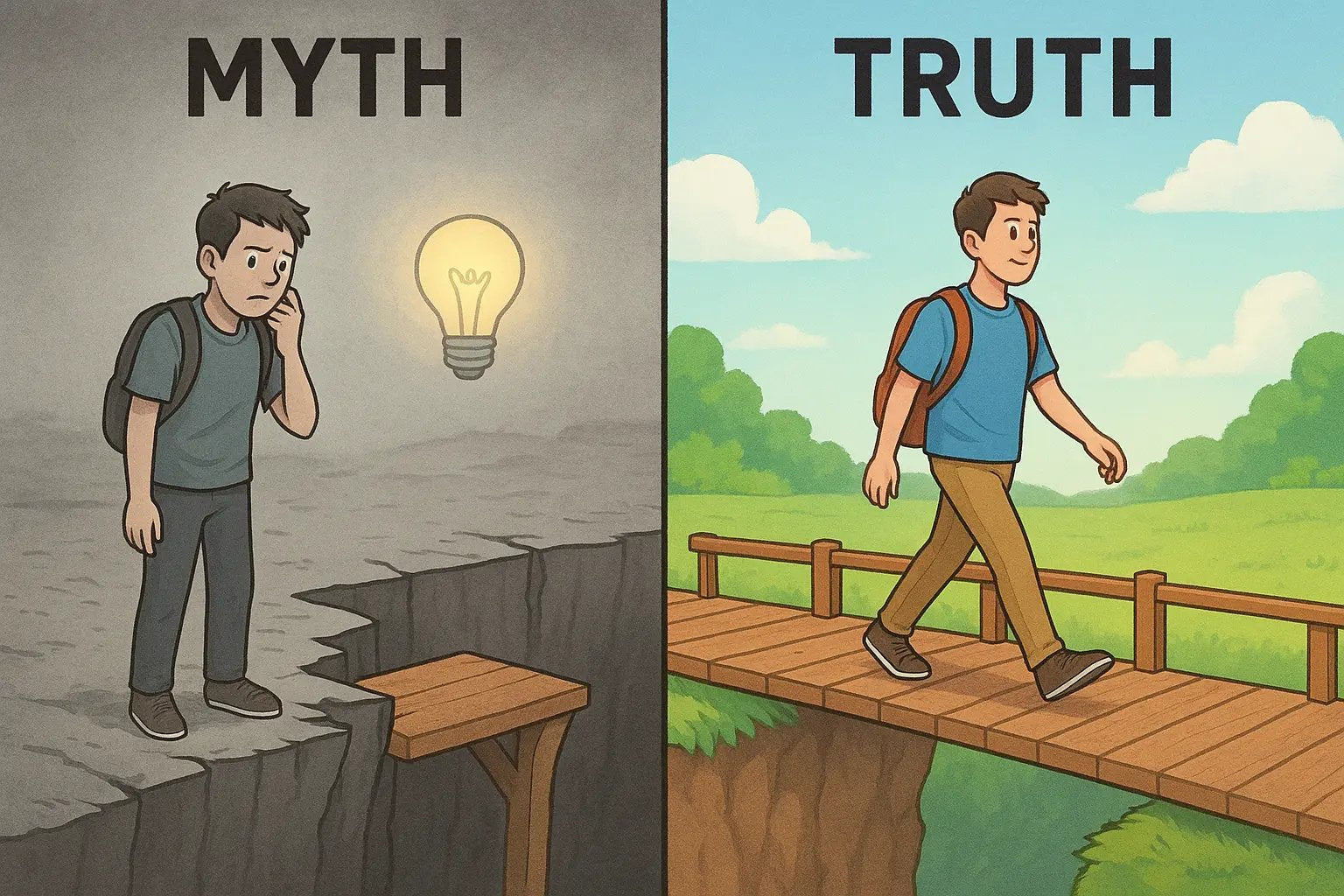 Student walking confidently across a complete bridge towards a glowing lightbulb, illustrating clear reasoning