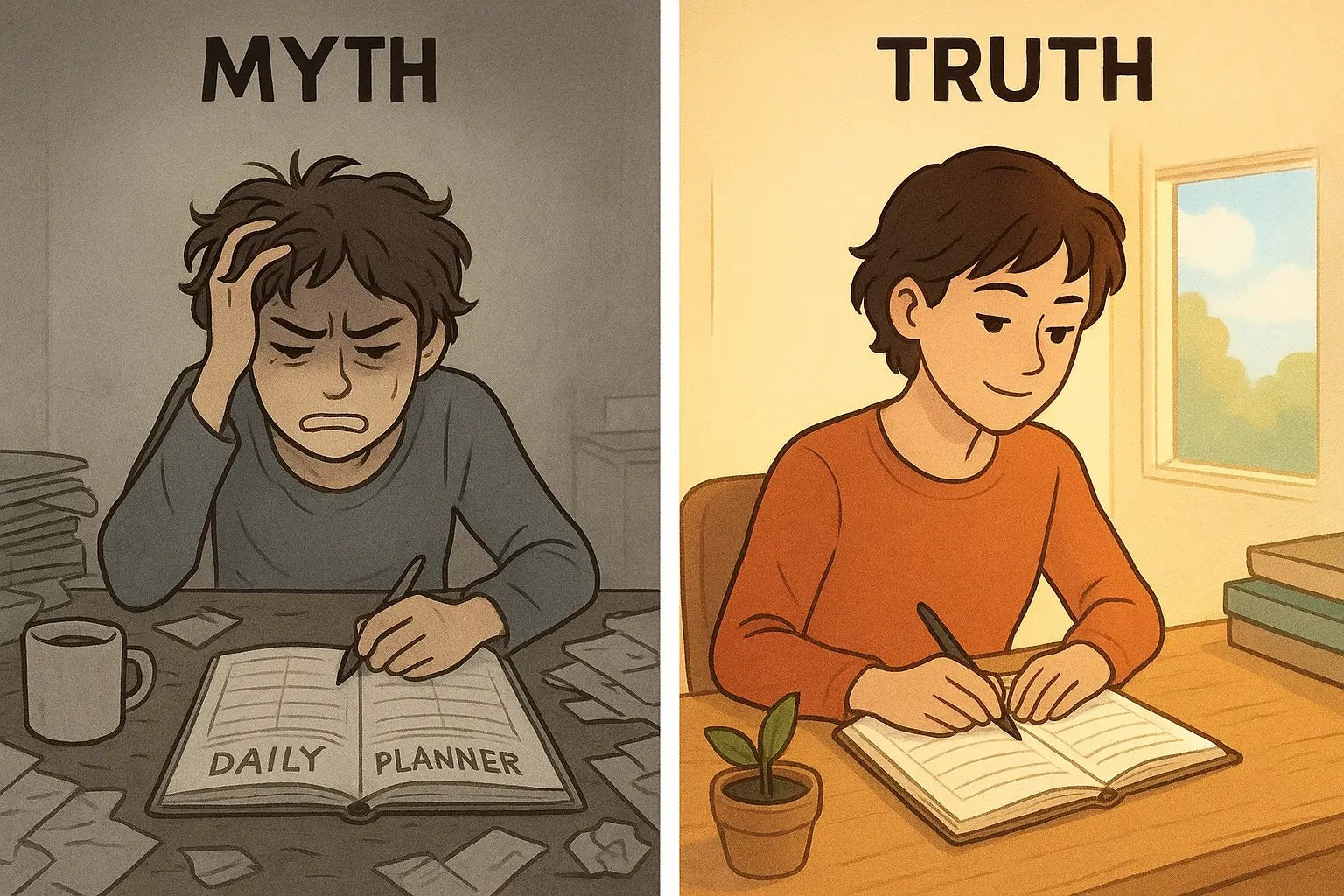 Side-by-side comparison showing a stressed person struggling with planning versus the same person calmly practising organisational skills during their peak focus time