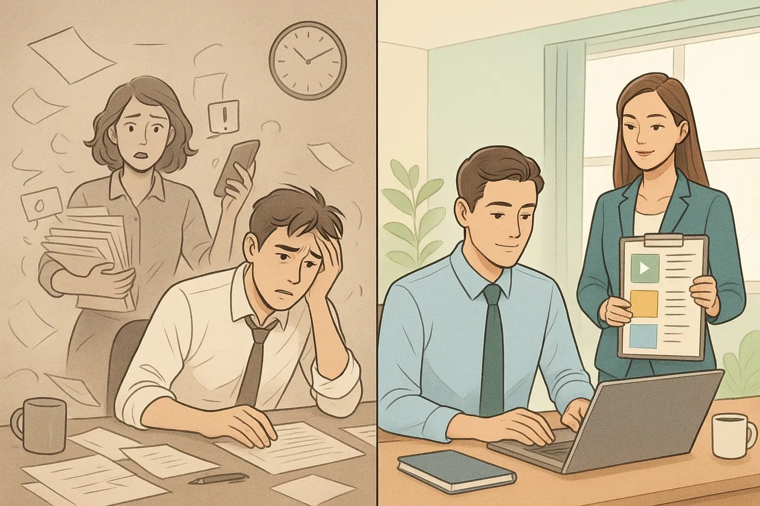 Professional working calmly at organised desk while assistant confidently reviews a simple playbook on a clipboard