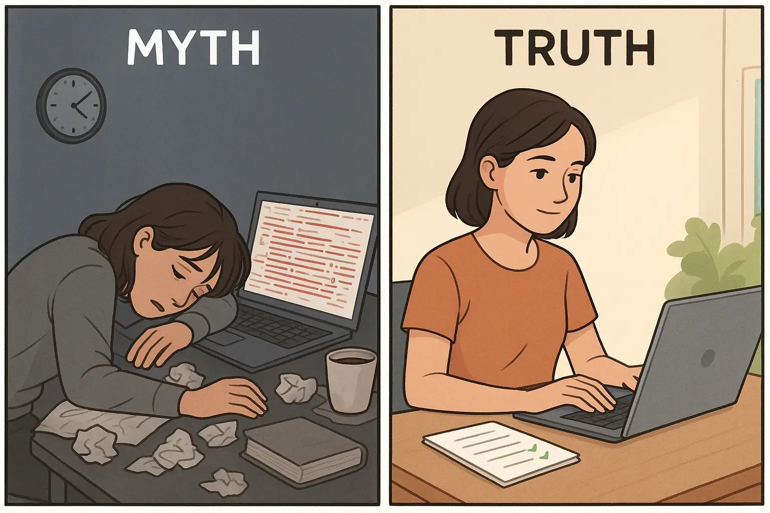 Student confidently reviewing essay at organised desk with three-step checklist, contrasted with exhausted student surrounded by chaotic edits