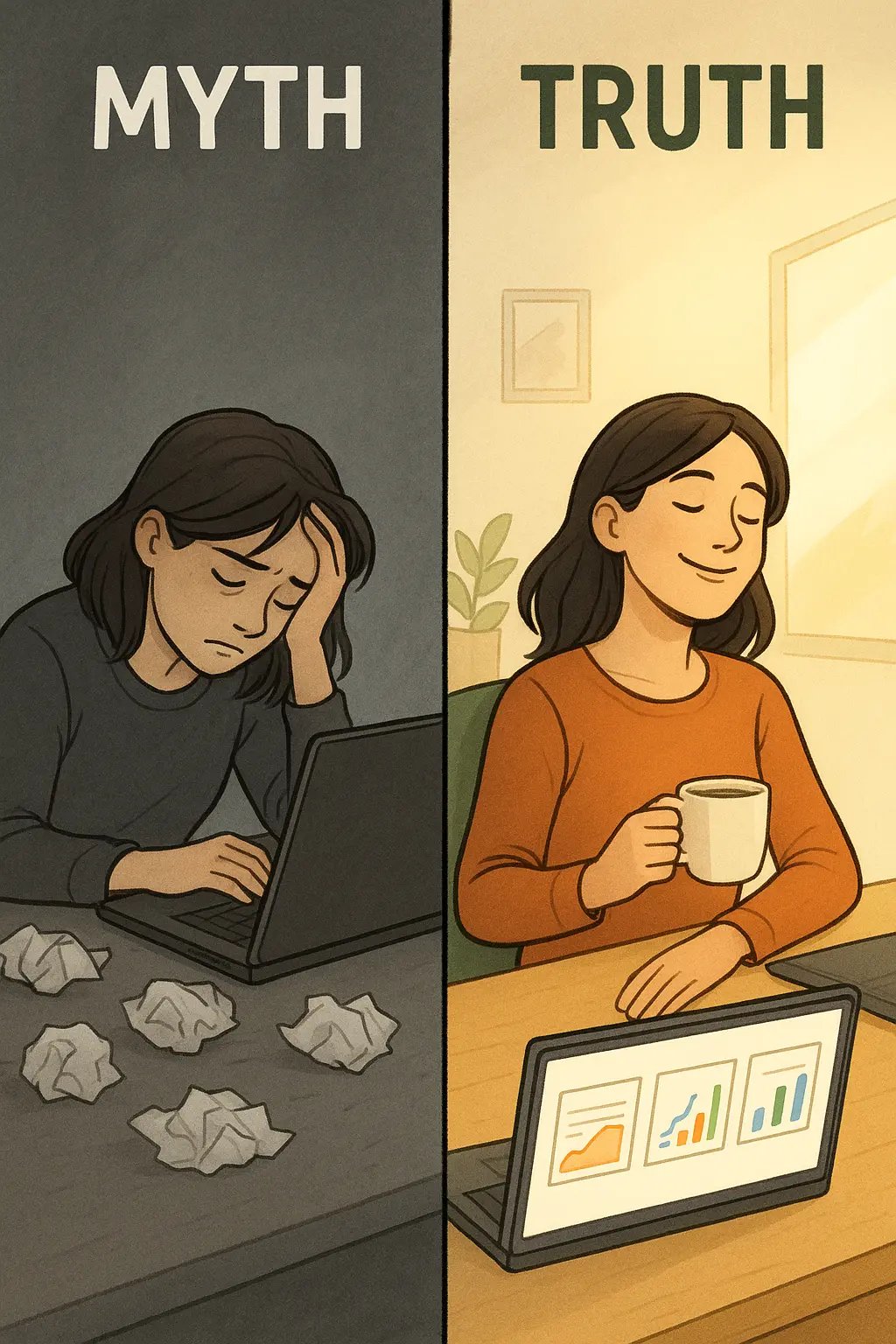 Side-by-side comparison showing a stressed woman endlessly polishing one project versus confidently shipping simpler, evolving versions in a bright workspace.