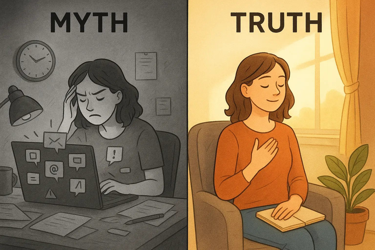 Woman peacefully sitting in an armchair with eyes closed, hand on heart, in soft natural light beside a window with a notebook on her lap.