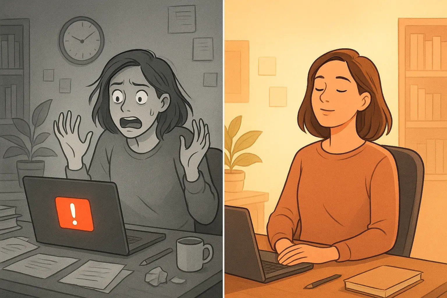 Woman transitioning from panicked desk reaction to calm, mindful breathing, illustrating the S.T.A.R. pause technique