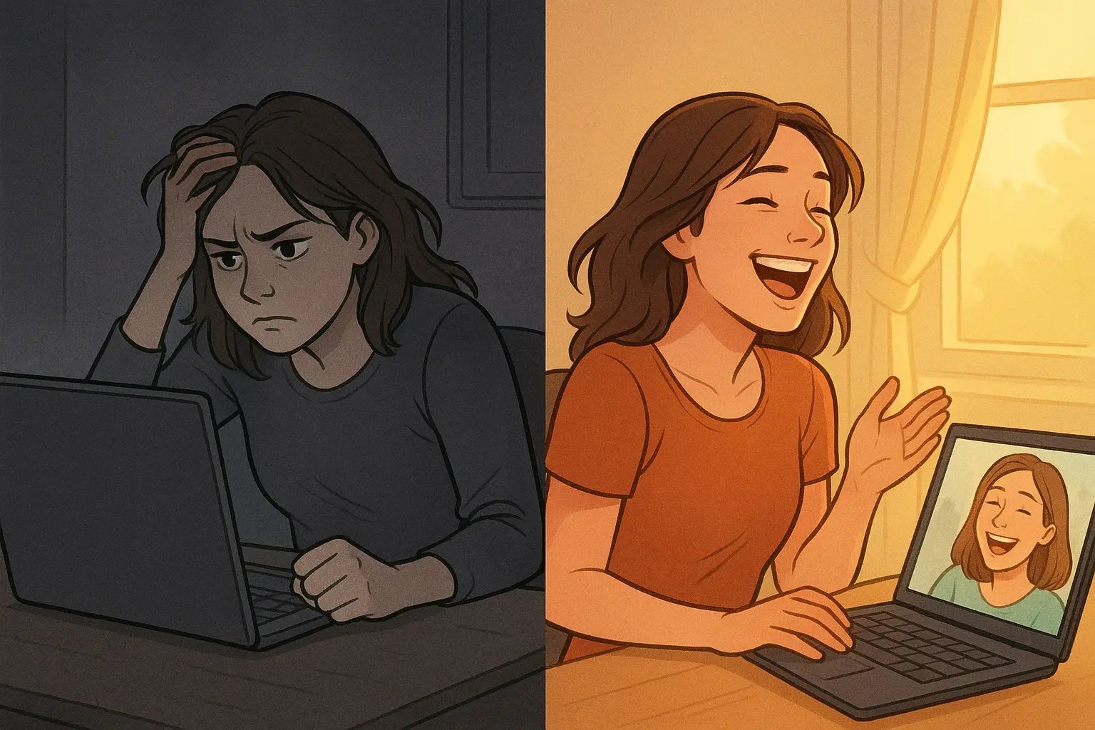 Woman laughing on video call with friend after computer error, showing relief and connection versus sitting alone frustrated