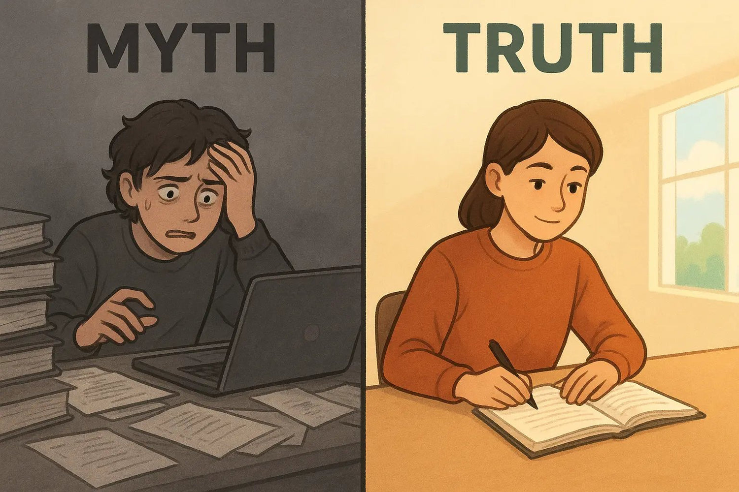 Side-by-side comparison showing a stressed student at a chaotic desk versus a calm, focused student with just two study items