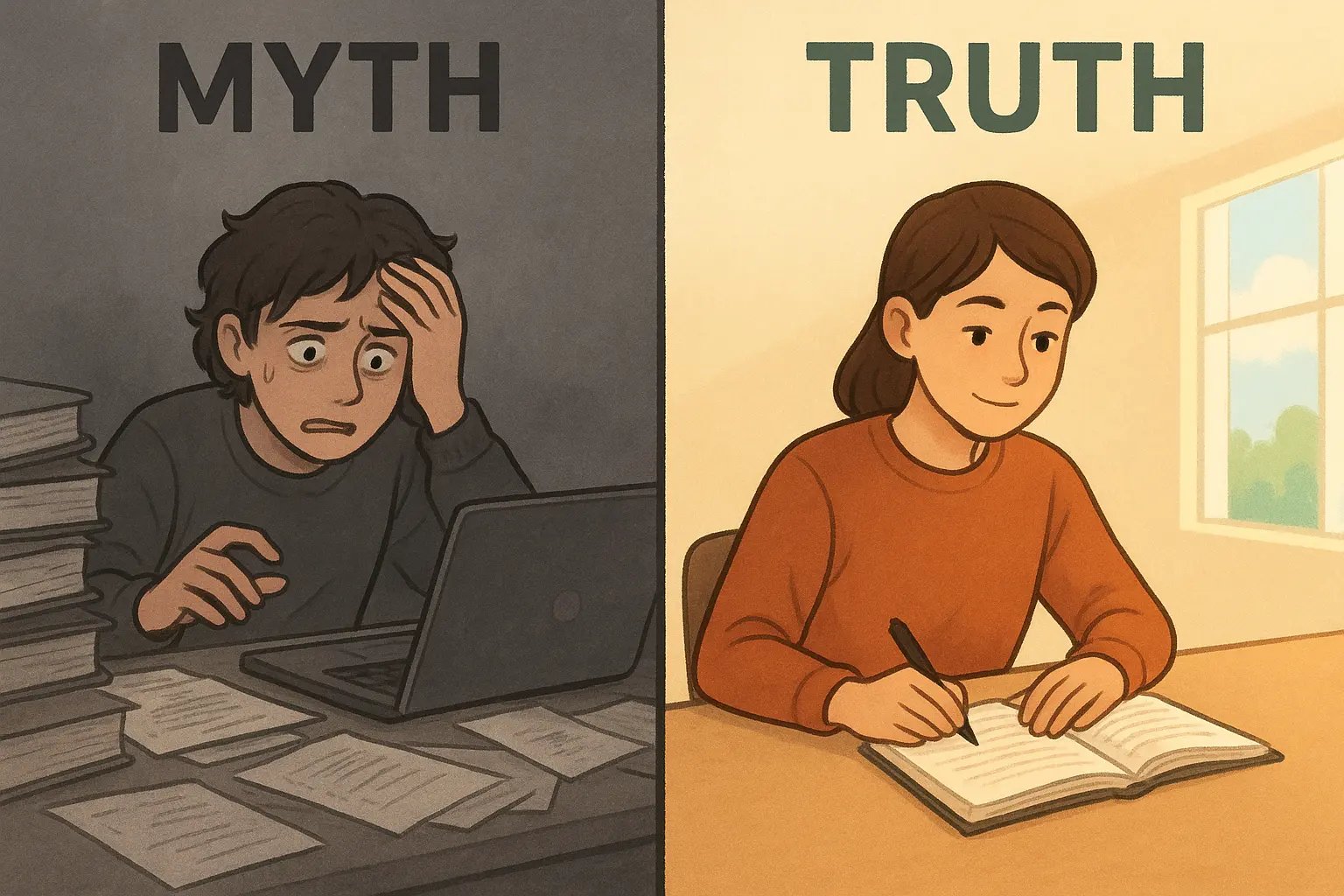 Side-by-side comparison showing a stressed student at a chaotic desk versus a calm, focused student with just two study items