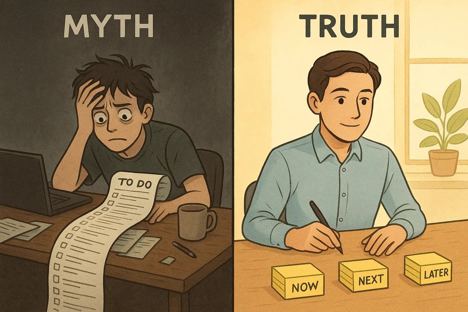 Split-screen showing stressed worker with endless to-do list versus calm person organizing tasks into Now, Next, Later piles