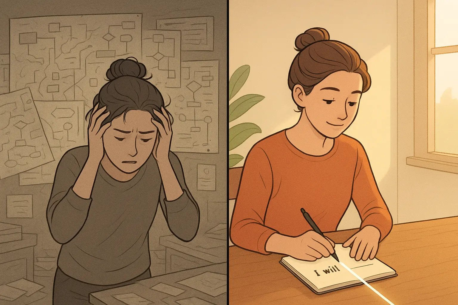 A woman calmly writes in a notebook at an organised desk with a clear path ahead, contrasting with an overwhelmed version surrounded by chaotic maps.