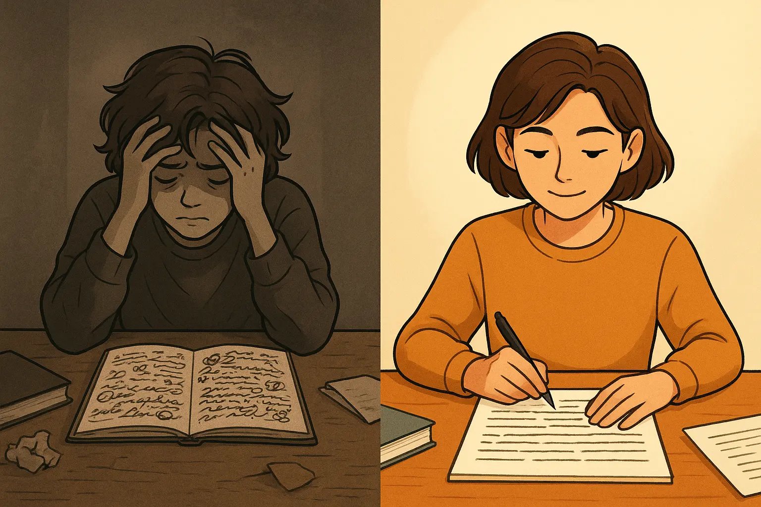 Student editing notes, crossing out unnecessary text to reveal clean, organised study material beneath