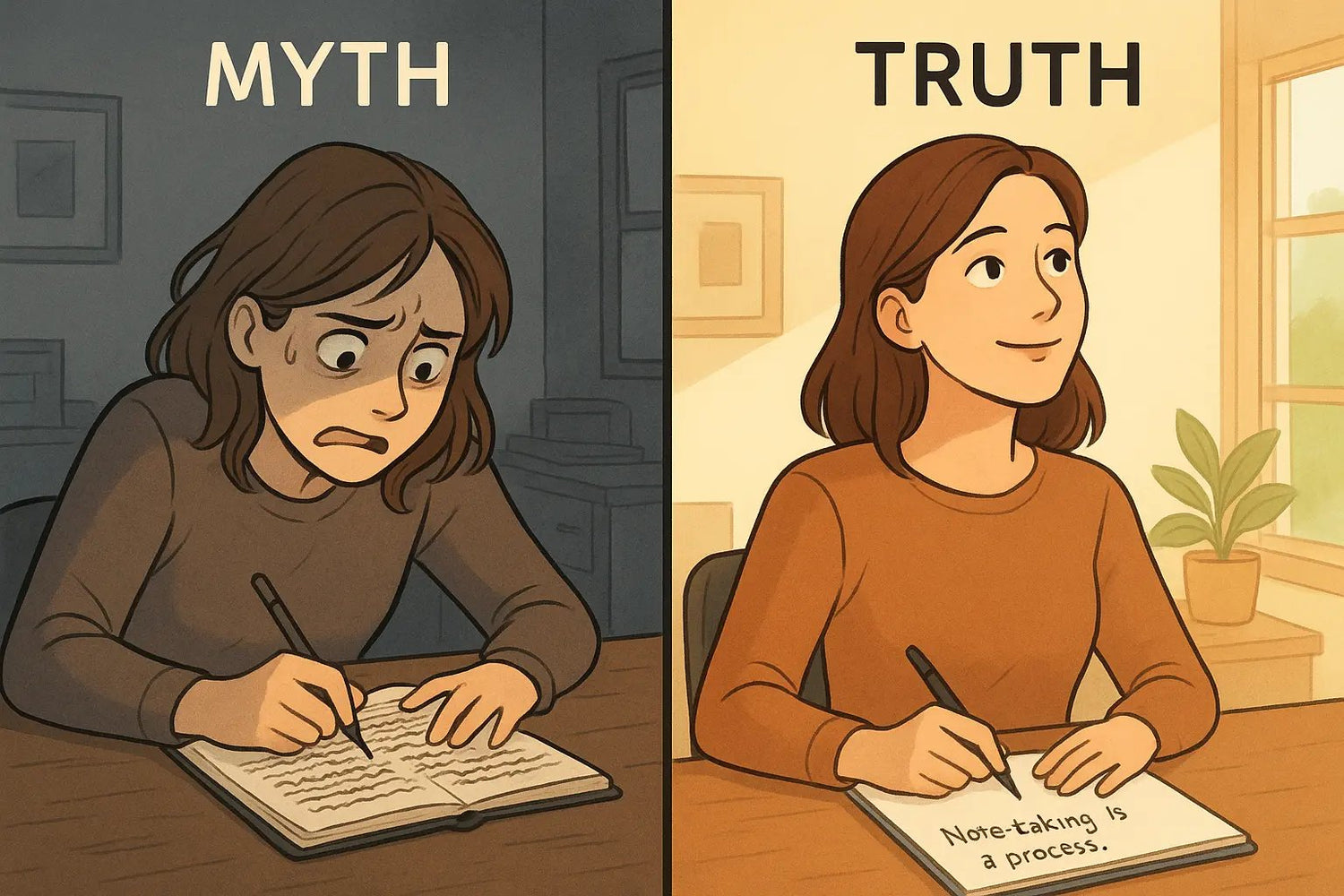 Side-by-side comparison showing stressed woman frantically copying notes versus calm woman confidently summarising from memory in bright office